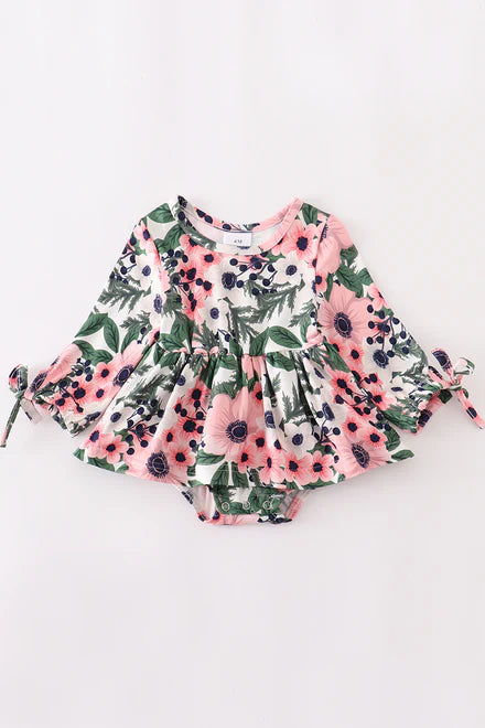 Floral ruffle baby romper pink