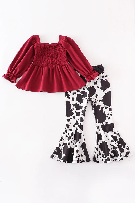 Red Smocked Top with Cow print pants