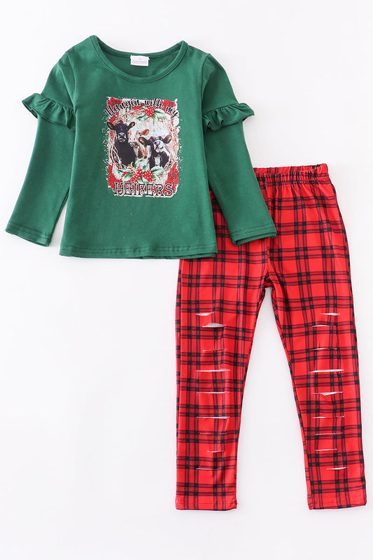 Christmas heifer ruffle pants set