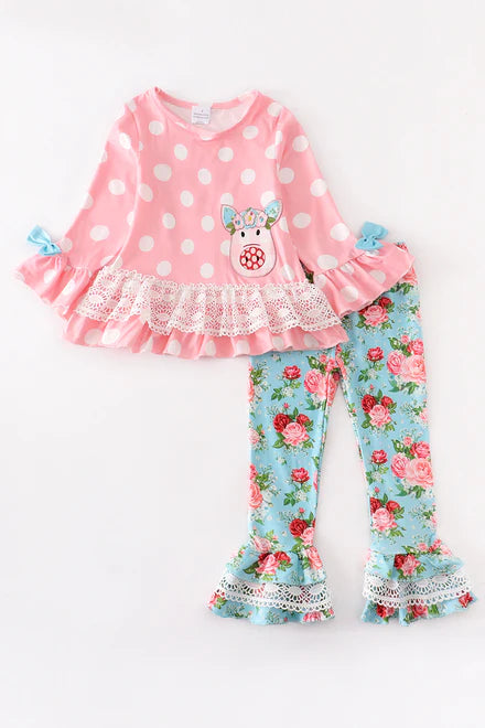 Pink polka dot pig set