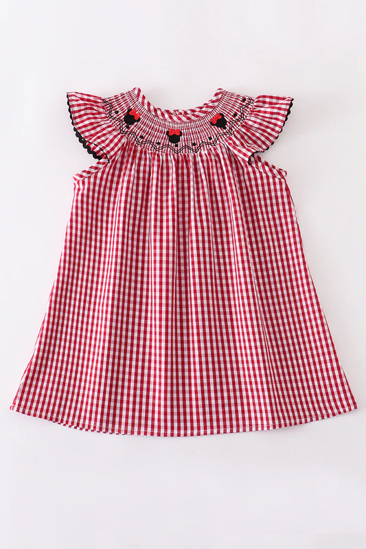 RED PLAID MOUSE SMOCKED DRESS