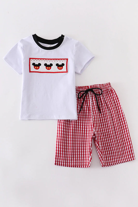 RED PLAID MOUSE SMOCKED BOY SET