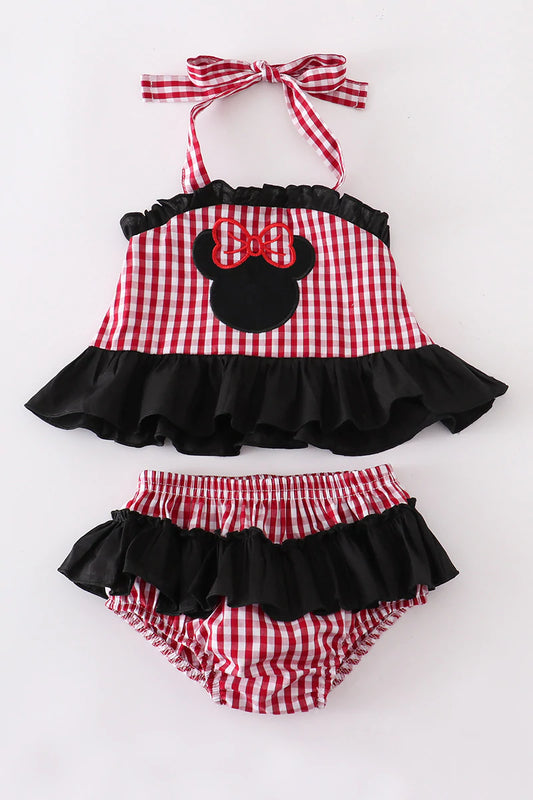RED PLAID MOUSE RUFFLE BABY SET