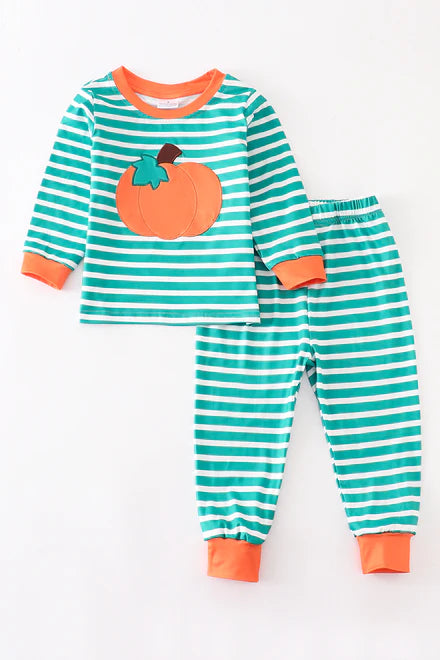 Green striped pumpkin pajama set