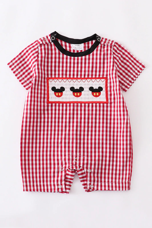 RED PLAID MOUSE SMOCKED ROMPER
