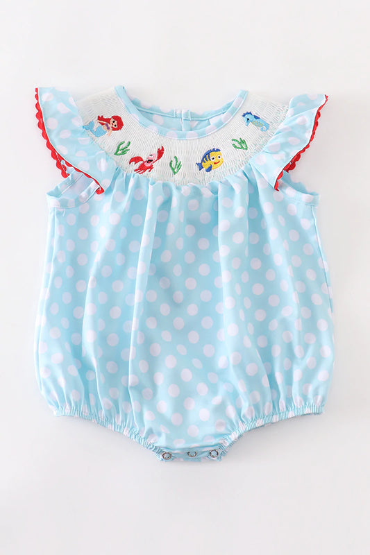 MINT GREEN POLKADOT MERMAID SMOCKED BABY ROMPER