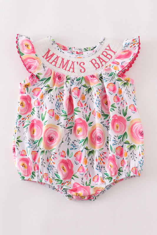 PINK FLORAL SMOCKED "MAMA'S BABY" ROMPER