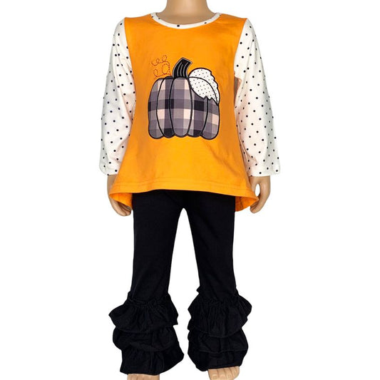 Girls Halloween Thanksgiving Orange Pumpkin Top & Black Ruffle Pants Outfit Back to School Set